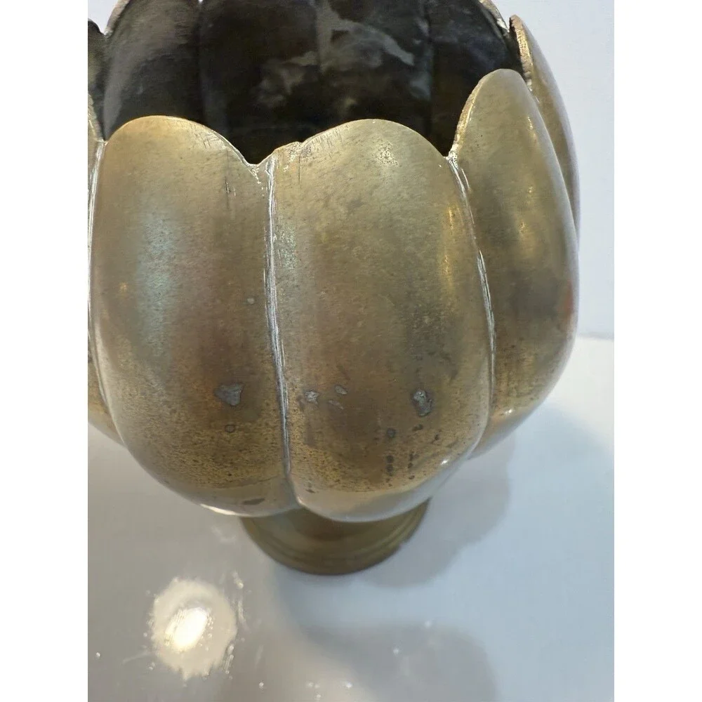 Vintage Brass Lotus Flower Pedestal Vase Scalloped Planter Urn India 7